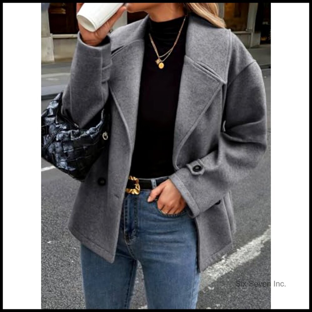 Wool Blend Pea Coat Cropped Blazer Jacket Loose Fit Double Breasted - Picture 2 of 6